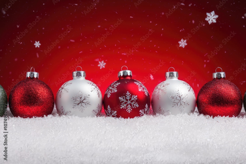 Red and white Christmas ornaments in snow with red background Red and white Christmas ornaments in snow with red background