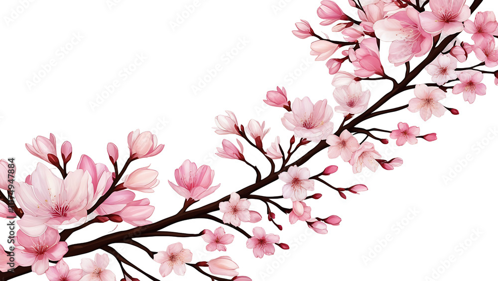 Obraz premium A close-up of a branch of pink cherry blossoms in full bloom against a black background.