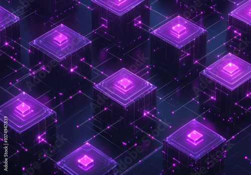 Abstract Digital Network of Cubes with Neon Purple Lights