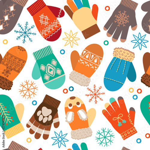 Cartoon mittens and gloves seamless pattern. Woolen accessories. Wintertime clothes. Knitted things. Repeated print. Cold season clothing. Snowflake ornament. Splendid vector background