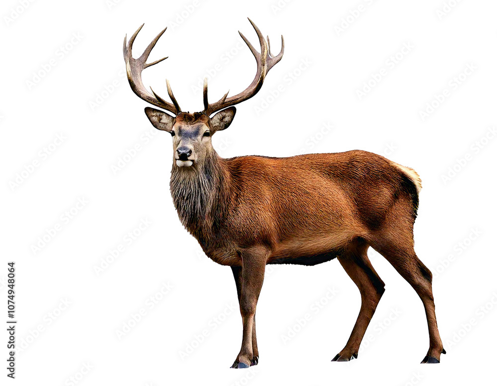 Fototapeta premium Deer with antlers on four legs isolated on white background, cut out, transparent