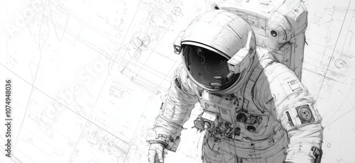 Astronaut in space suit, detailed technical drawing background, monochrome design