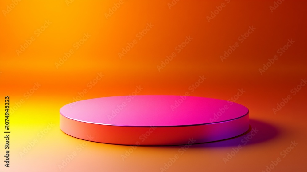 The image shows a sleek, pink circular podium placed before a smooth orange gradient background, creating a modern, minimalist design ideal for presentations. The image shows a sleek, pink circular podium placed before a smooth orange gradient background, creating a modern, minimalist design ideal for presentations.