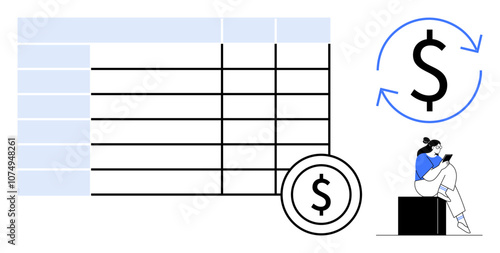 Financial table, currency symbols with arrows, individual checking device on stool. Ideal for finance, budgeting, accounting, business planning, investment financial analysis economic studies. Line