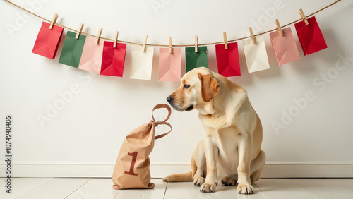 Advent calendar made of gift bags hung on a rope with clothespins. A labrador sits under the calendar against a light wall with a gift number 1. Light background. Christmas gift for a dog or other ani photo