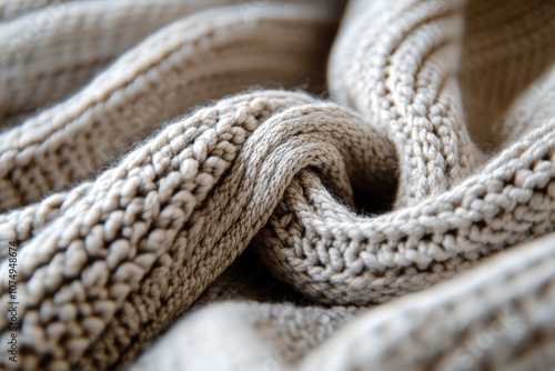 A close-up view of a textured, beige knitted fabric, showcasing its soft folds and intricate stitching.