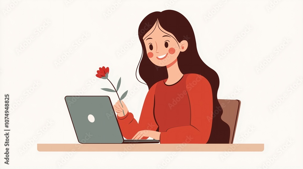Smiling woman enjoys a video chat while holding a flower, creating a warm and friendly atmosphere. Smiling woman enjoys a video chat while holding a flower, creating a warm and friendly atmosphere.