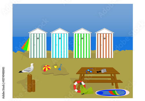 Cabines de plage avec jeux de plage, mouette, table, et mer sur ciel bleu en arrière-plan