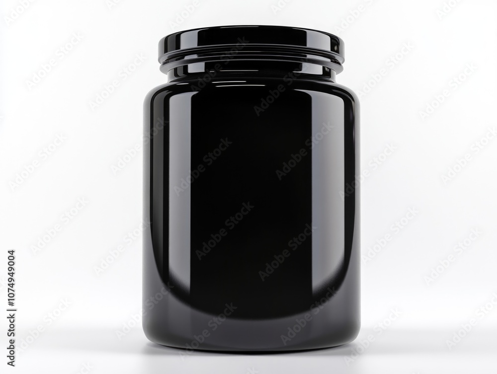 Black jar sits on a white background. The jar is empty and has a lid. The jar is made of glass and has a shiny surface Black jar sits on a white background. The jar is empty and has a lid. The jar is made of glass and has a shiny surface