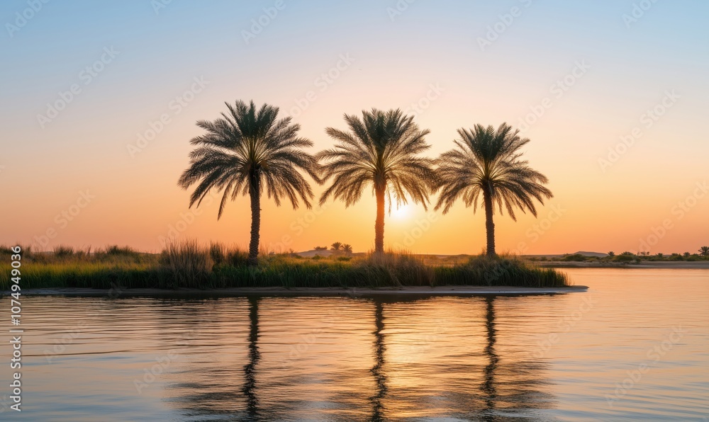Sunset over palm trees reflecting in water, serene landscape, tranquil atmosphere Sunset over palm trees reflecting in water, serene landscape, tranquil atmosphere