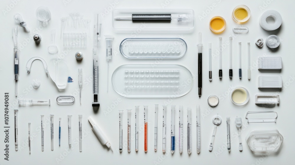 Lab equipment for biology research, including petri dishes, test tubes, and DNA sequencing tools Lab equipment for biology research, including petri dishes, test tubes, and DNA sequencing tools
