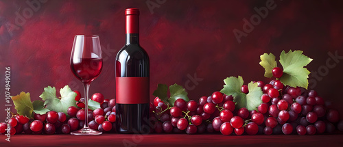 A beautifully arranged still life of red wine, grapes, and glasses against a rich backdrop, perfect for wine lovers.