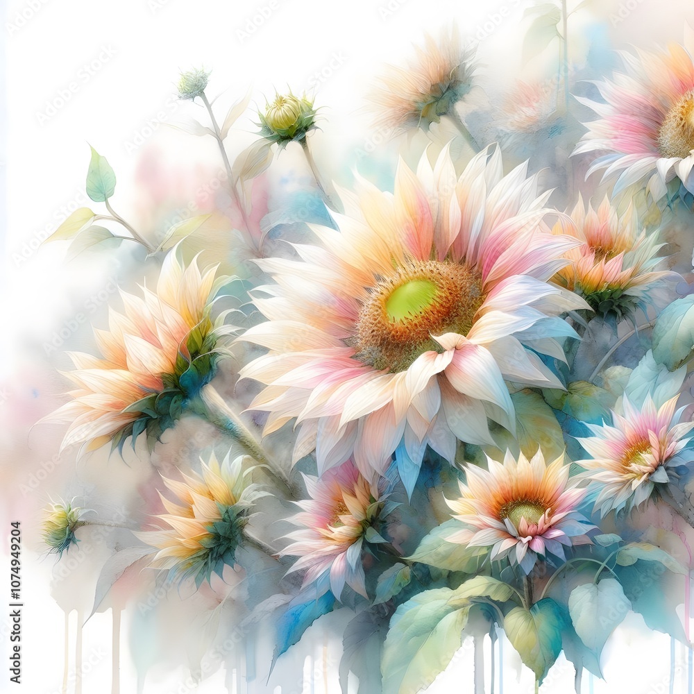 Fototapeta premium 오로라 색상의 해바라기, 수채화 (aurora color, Common sunflower, water colour)