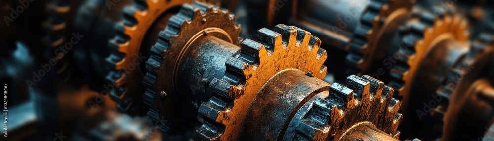 Close-Up of Interlocking Industrial Gears with Warm Lighting in a Factory Setting Highlighting Engineering and Mechanical Precision Close-Up of Interlocking Industrial Gears with Warm Lighting in a Factory Setting Highlighting Engineering and Mechanical Precision