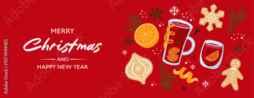 Stock vector Christmas banner template. Mulled wine, gingerbread cookie, orange, spices on red background.