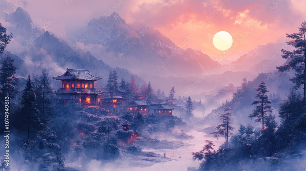 Fototapeta premium Mountaintop Temple at Sunset