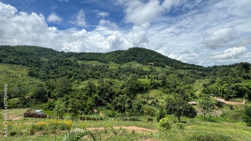 Panoramic view of the green mountains and forests in Thailand.