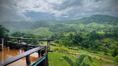 Panoramic view of the green mountains and forests in Thailand.