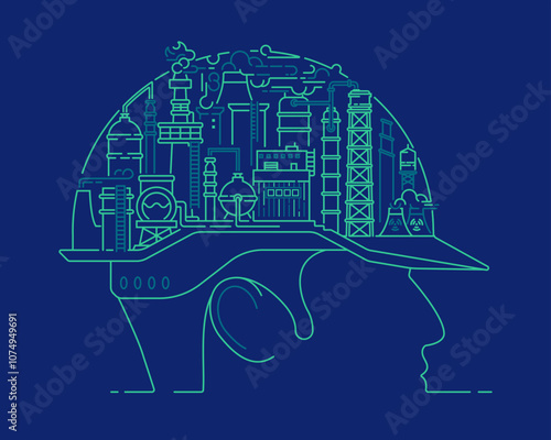 concept of industry 4.0 or industrial technology, graphic of engineer cap combined with factory