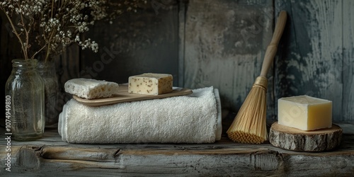 A variety of handmade cheeses on a wooden table, with a rustic background. Suitable for gourmet food and artisanal crafts.