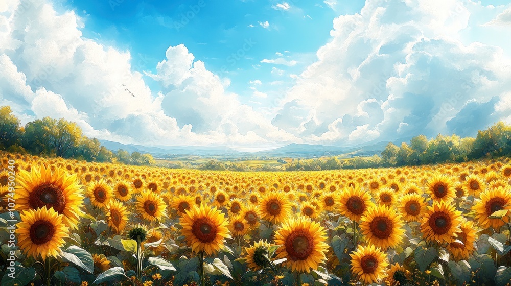 Obraz premium Sunflowers Field Under a Blue Sky