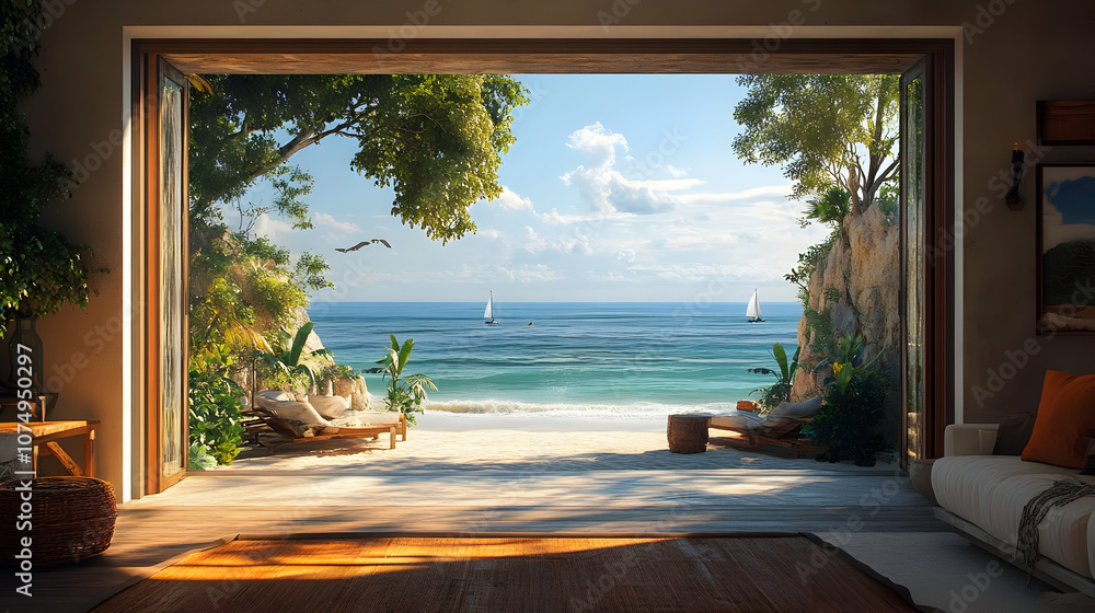 Fototapeta premium A breathtaking ocean view from an open living space, showcasing a serene beach and gentle waves under a clear sky.