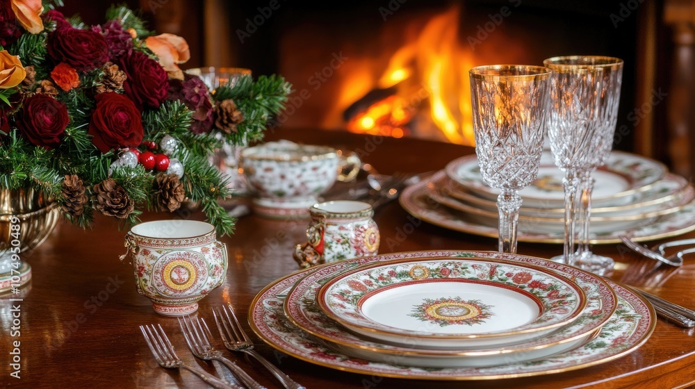 Fototapeta premium A cozy Christmas dining table featuring festive linens, plates, and glassware, with a glowing fireplace in the background.