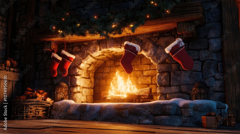 Obraz premium A cozy Christmas gathering featuring a fireplace adorned with stockings, as family members share stories and laughter over hot cocoa.