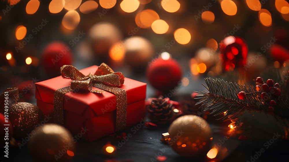 Festive Holiday Gift Box with Glittering Lights and Ornaments for Christmas Celebration : Generative AI Festive Holiday Gift Box with Glittering Lights and Ornaments for Christmas Celebration : Generative AI