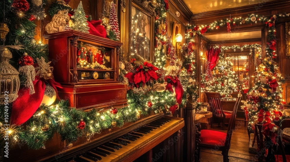 A cozy Christmas setting with a music box on a mantel, surrounded by garlands, lights, and festive holiday decor. A cozy Christmas setting with a music box on a mantel, surrounded by garlands, lights, and festive holiday decor.