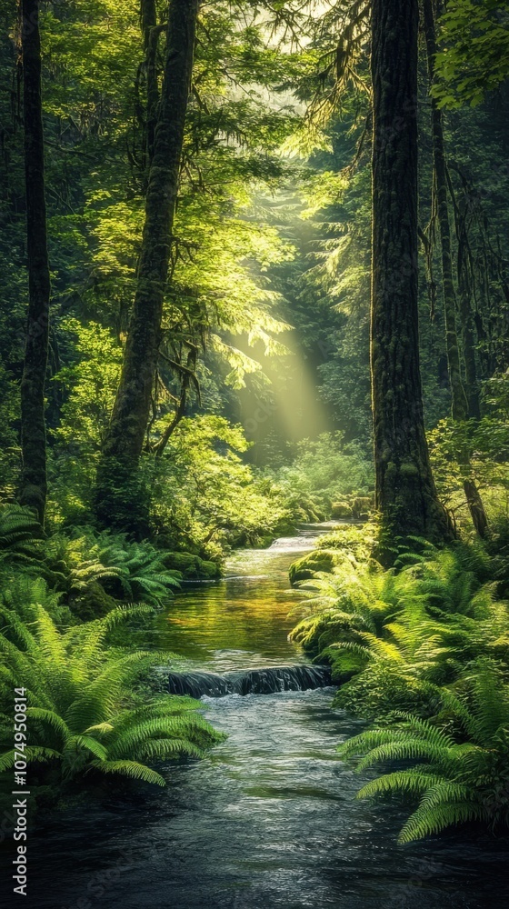 A tranquil morning in lush forests with sunlight filtering through trees and a gentle stream flow A tranquil morning in lush forests with sunlight filtering through trees and a gentle stream flow