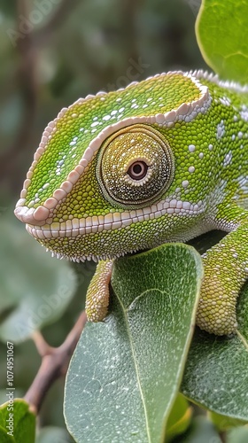 A close-up of a green chameleon perched on a branch, its eye focused on something in the distance.