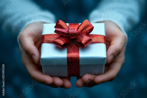 woman hands holding elegant Christmas gift box 