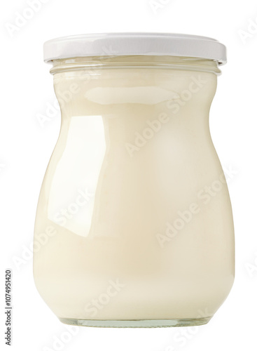 Organic Mayonnaise in a glass jar isolated. Homemade Mayo on white background. Fresh Mayonnaise, Sour cream or Yogurt close up photo