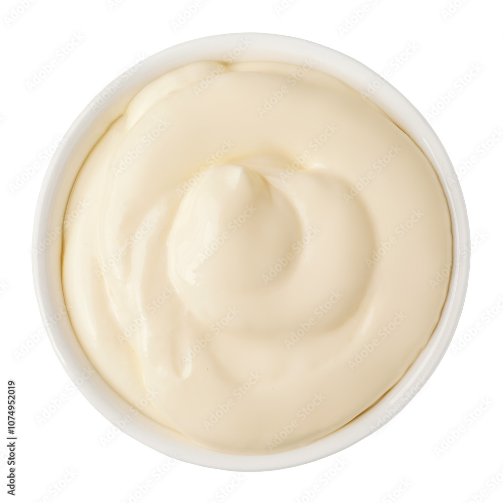 Organic Mayonnaise in a white bowl isolated. Homemade Mayo on white background. Fresh Mayonnaise, Sour cream or Yogurt top view. Flat lay Organic Mayonnaise in a white bowl isolated. Homemade Mayo on white background. Fresh Mayonnaise, Sour cream or Yogurt top view. Flat lay
