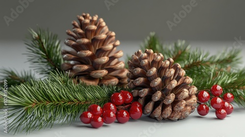 3D pine cones and holly leaves on a clear white background with shadows adding depth.