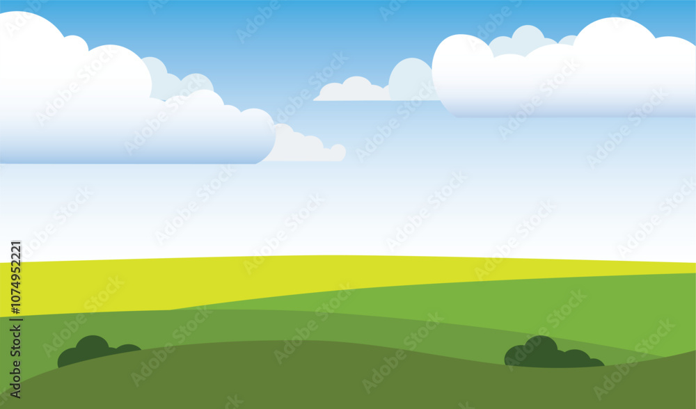 Obraz premium Nature scenery depicted in a vector illustration, showcasing verdant grasses under a azure sky.