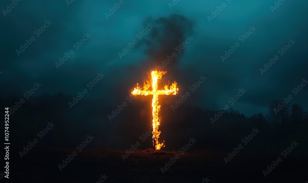 Obraz premium Burning cross symbolizing fire, darkness, and spirituality in eerie landscape