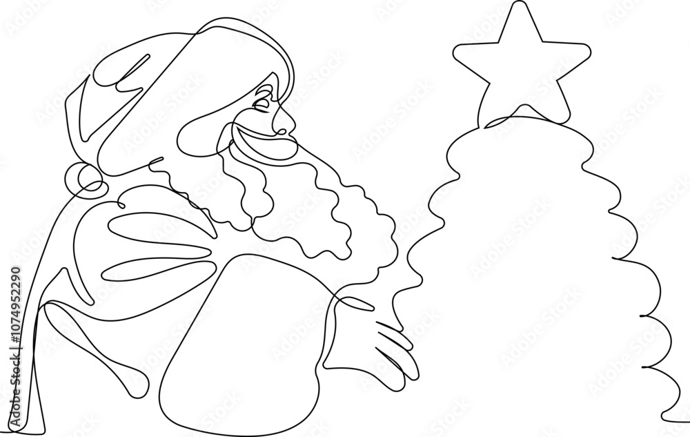 Obraz premium One continuous line drawing Santa Claus on reindeer and sled. concept for Christmas and New Year. vector illustration. Vector illustration