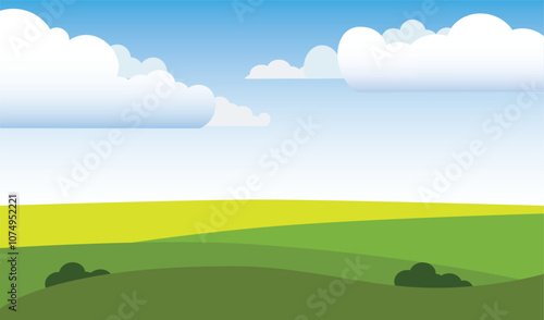 Nature scenery depicted in a vector illustration, showcasing verdant grasses under a azure sky.