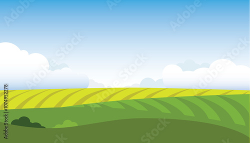 A natural vista unfolds, showcasing verdant grasses beneath an azure sky.