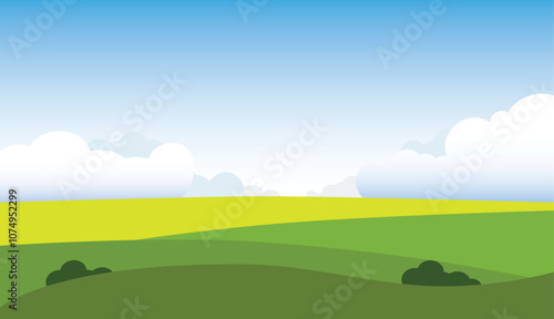 Nature scenery depicted in a vector illustration, showcasing verdant grasses under a azure sky.