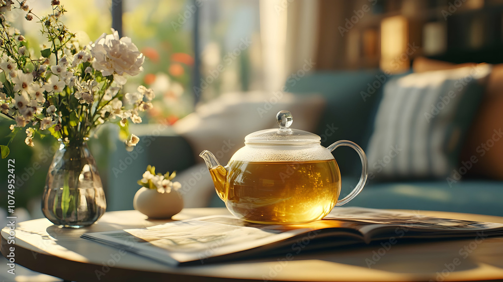A cozy afternoon scene with a teapot and flowers, creating a warm, inviting atmosphere at home. A cozy afternoon scene with a teapot and flowers, creating a warm, inviting atmosphere at home.