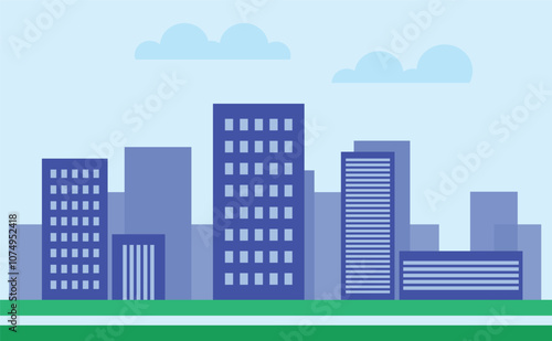 Cityscape with buildings and parkland. 2d Cartoon City Background with buildings. City illustration wallpaper.	