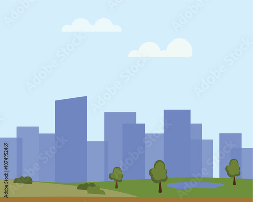 Cityscape with buildings and parkland. 2d Cartoon City Background with buildings. City illustration wallpaper.	