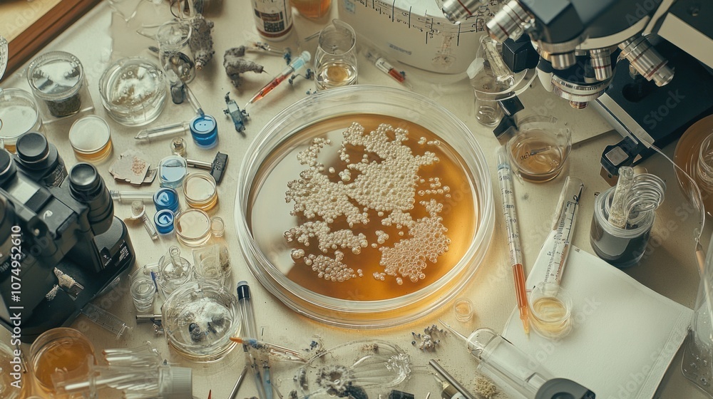 Petri dish with biological culture, microscopes, and lab tools in a biology research setting Petri dish with biological culture, microscopes, and lab tools in a biology research setting