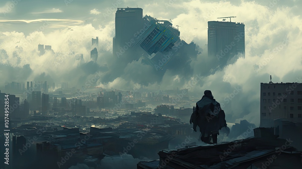 Fototapeta premium A lone figure contemplates a futuristic city shrouded in mist and looming skyscrapers.