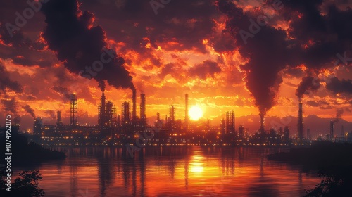 Industrial Landscape at Sunset with Smokestacks and Dramatic Sky Reflected in Water