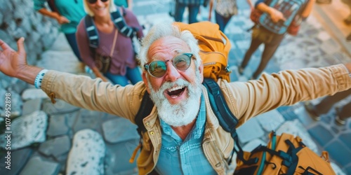 Old man excitedly hiking with a group. He has a beard, is wearing sunglasses and a backpack.