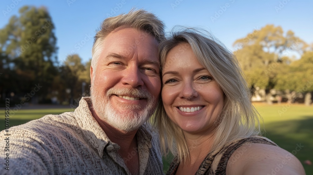 A mature couple posing for a selfie in a park A mature couple posing for a selfie in a park